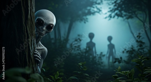 Alien peeking from behind tree in foggy forest with other aliens extraterrestrial spacecraft