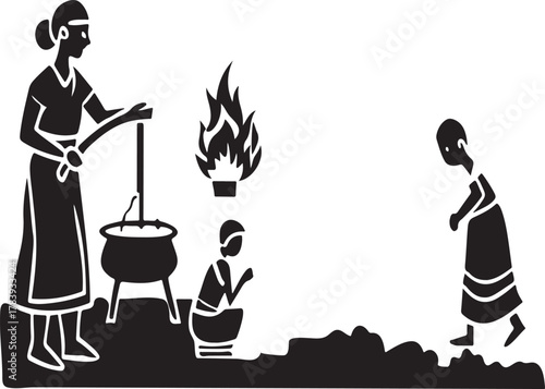 Bangladesh Village Festival Traditional Pith an, Alpo nah, Stove, and Rural Life Illustration. 