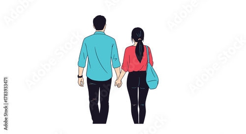 Rear view illustration of a young couple walking away hand in hand, with the man in a blue shirt and the woman in a red top carrying a tote bag.