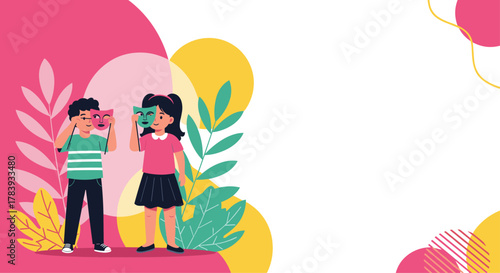 Boy and girl holding theatrical masks in front of their faces on a colorful background with abstract shapes and leaves, perfect for a kids' party banner.