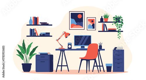 Cozy and modern home office interior with a computer on a desk, a red chair, bookshelves, potted plants, and framed art on the wall.