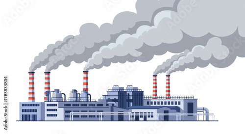 Industrial plant with tall, striped chimneys releasing thick gray smoke into the air, representing manufacturing, energy production, and air pollution.