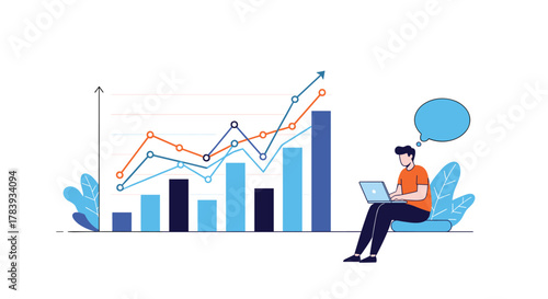 Young man sitting with a laptop analyzing a complex business chart with rising bar graphs and fluctuating line graphs, thinking about financial data.