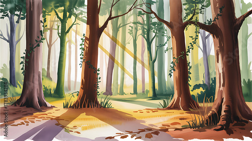 Sunlight beams through tall trees in a watercolor forest landscape woods sunbeams