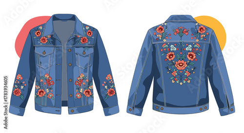 Front and back view of a blue denim jacket beautifully decorated with colorful floral embroidery, showcasing a trendy and bohemian fashion style.