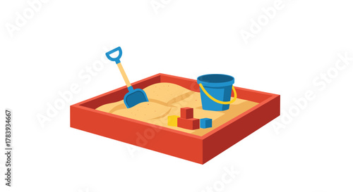 Red sandbox filled with sand, containing a blue shovel, a blue bucket, and colorful toy blocks, representing childhood playtime and outdoor fun.