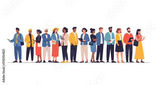 Diverse group of people standing in a line, representing a multicultural and inclusive community of professionals, colleagues, or customers.