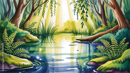 Sunlight streams through forest trees onto a tranquil pond water