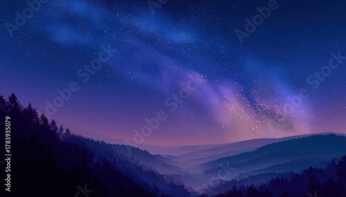 Wallpaper Mural Starry Night Sky With Milky Way Galaxy In Gradient Blue And Purple Tones, Featuring A Scenic Landscape With Sparkling Stars. Torontodigital.ca