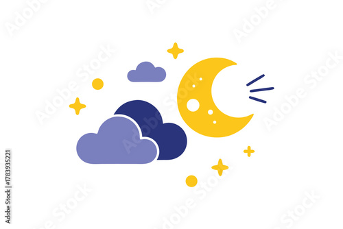 Yellow crescent moon shines near the dark purple clouds and stars with transparent background