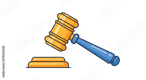 Simple and clean cartoon illustration of a golden judge's gavel with a blue handle, poised above its sound block, isolated on a white background.