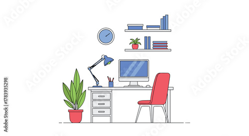 Minimalist line art illustration of a neat home office setup, with a computer on a desk, red chair, lamp, plant, and organized bookshelves.