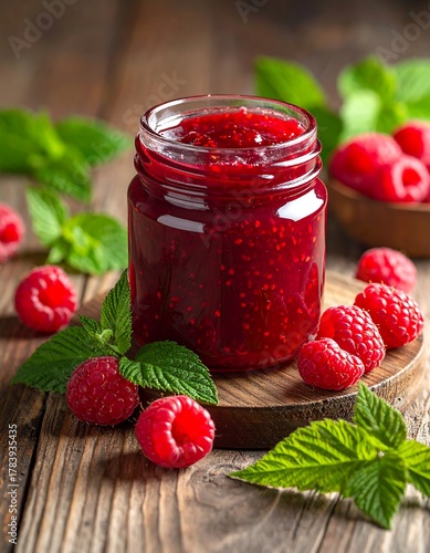 Jar of raspberry jam with fresh raspberries and mint leaves on wood