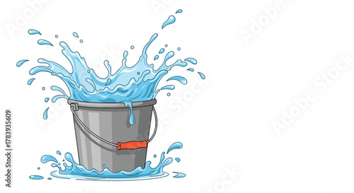 Cartoon illustration of a gray metal bucket filled with water, creating a large, dynamic splash as it overflows, on a white background with copy space.