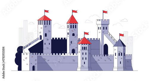 Line art illustration of a majestic medieval castle with multiple towers, red rooftops, flags, and fortified walls, set against a simple city outline.