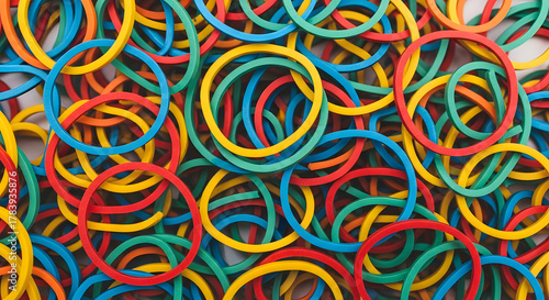 Pile of colorful rubber bands in red blue yellow and green elastic bands heap