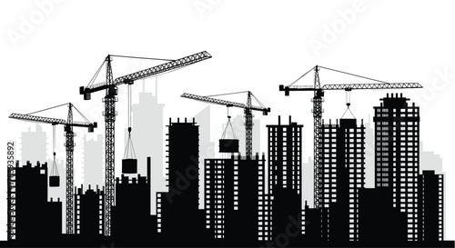 Black and white silhouette of a city construction site with multiple tower cranes actively building new skyscrapers against a downtown skyline.