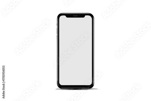 A black smartphone showcases its blank, pale screen against a bright, plain transparent backdrop