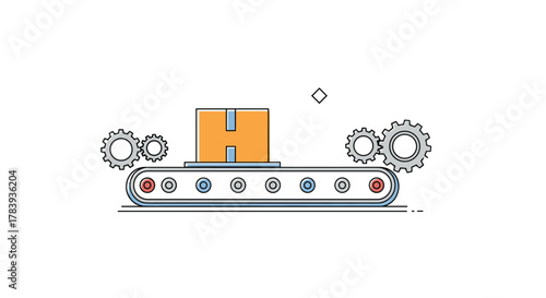 Minimalist line art illustration of a factory conveyor belt with a cardboard box and moving gears, symbolizing production, automation, and manufacturing.