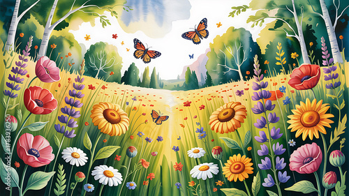 Watercolor meadow with poppies sunflowers daisies and butterflies wildflowers