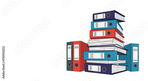 Large, messy pile of colorful office binders and stacks of paper, representing bureaucracy, paperwork, archiving, and disorganized document management.