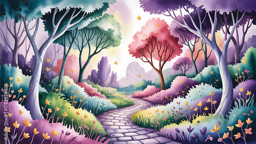 Whimsical forest path with colorful trees and yellow flowers walkway stone path