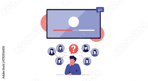 Man thinking about his target audience for a video marketing campaign, with a network of user profiles connected to a video player interface.