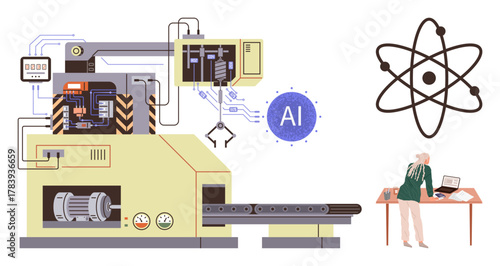 Automated machinery with robotic arm, conveyer, and control panels paired with AI and atom graphic. Scientist at desk, analyzing laptop. Ideal for technology, AI, innovation, science research