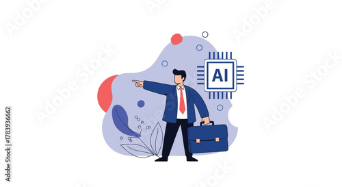 Businessman holding a briefcase and pointing forward, with a large AI microchip symbol behind him, representing a forward-thinking business strategy.