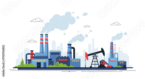 Industrial landscape with a factory, power plant, and oil pump, all emitting smoke and pollutants, illustrating the fossil fuel and manufacturing industries.