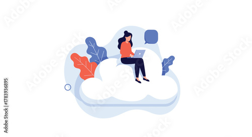 Young woman sitting comfortably on a large cloud, working on her laptop, surrounded by plants, symbolizing cloud technology and remote work flexibility.