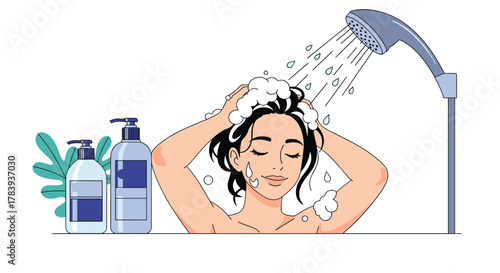 Illustration of a woman with her eyes closed, blissfully washing her long dark hair in the shower with rich, soapy lather under a stream of water.