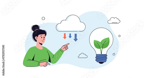 Woman pointing to a cloud with download and upload arrows next to a lightbulb containing green leaves, symbolizing green technology and eco data storage.