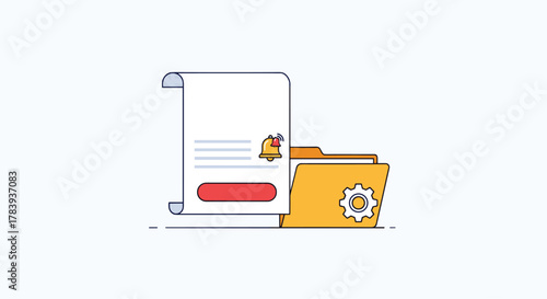 Concept of document management and notifications, shown with a document, a folder with a gear icon, and a ringing bell alert on a light blue background.
