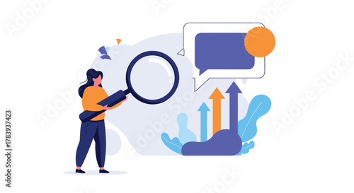Woman holding a large magnifying glass and analyzing data with upward-trending arrows and a speech bubble, symbolizing SEO and market analysis.