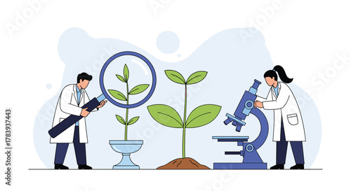 Scientists in lab coats studying plant growth, with one examining a plant through a magnifying glass and another using a microscope for research.