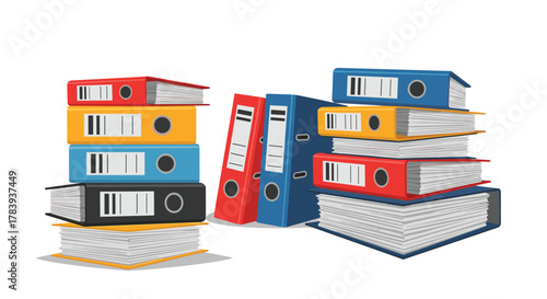 Two large stacks of colorful office binders and papers, representing business archives, heavy paperwork, and document storage in an office.