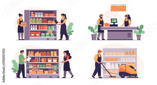 Set of four scenes depicting supermarket staff at work, including stocking shelves, working the checkout counter, taking inventory, and cleaning the floor.