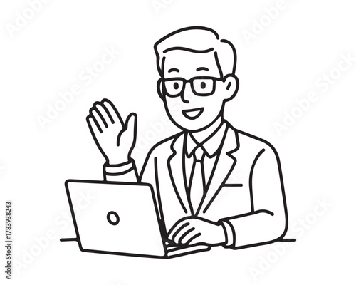 Friendly businessman greets colleagues on a video call in a modern, minimalist line drawing style, perfect for digital communication and team collaboration