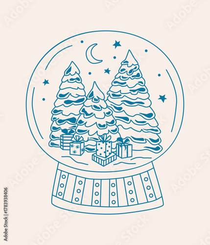 Hand-drawn vector snow globe with Christmas trees, gift boxes and snowing. Whimsical winter holiday doodle illustration in blue color.