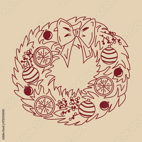 Hand-drawn vector line art Christmas wreath with decorative balls, oranges, berries and bow. Winter holiday doodle illustration in red color