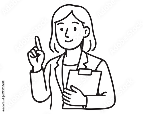 Cheerful businesswoman sharing a bright idea with clipboard in hand, perfect for presentations, seminars, and educational content