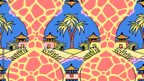 Vibrant pattern with tropical elements and pagodas, decorative design, copy space