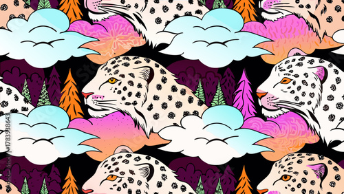 Leopard pattern against a dark background with clouds and trees, vibrant design