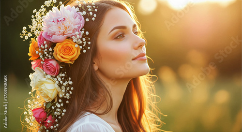 portrait of a beautiful woman's face with a wreath of flowers in her hair