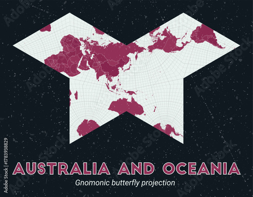 Australia and Oceania. World map. Gnomonic butterfly projection centered to Australia and Oceania. Pale Mint Dark Pink palette. Vintage texture. Artistic vector illustration.