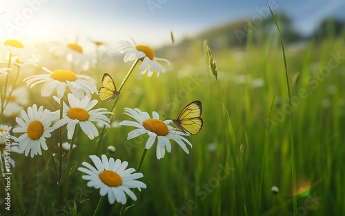 Nature scene with daisies and butterfly in sunshine