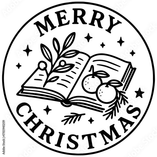 Black and white vector round Christmas frame with “Merry Christmas”, open recipe book, tangerines and branches — perfect for engraving and festive designs