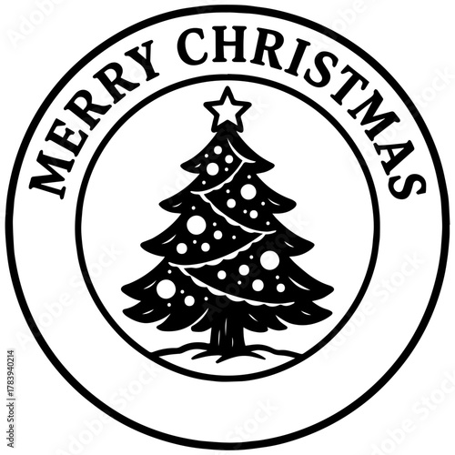 Black and white vector round frame with “Merry Christmas” and a decorated tree inside — perfect for engraving, prints, laser engrave, and festive projects