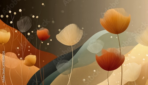 Painting of flowers with a mountain in the background. The flowers are in various shades of orange and brown